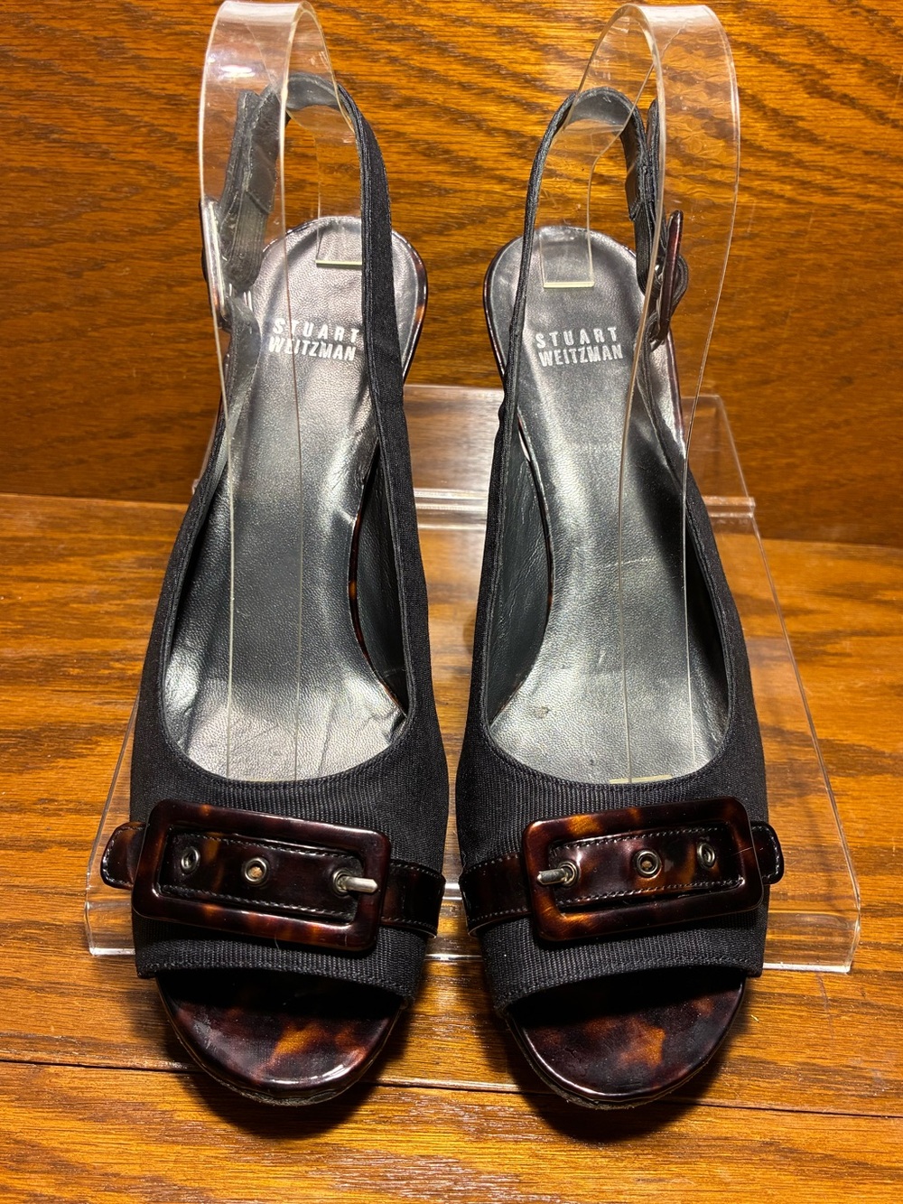 Stuart Weitzman Tortoise Patent Slingback Wedge Sandals Buckle Accent Black 9.5 - Picture 2 of 12